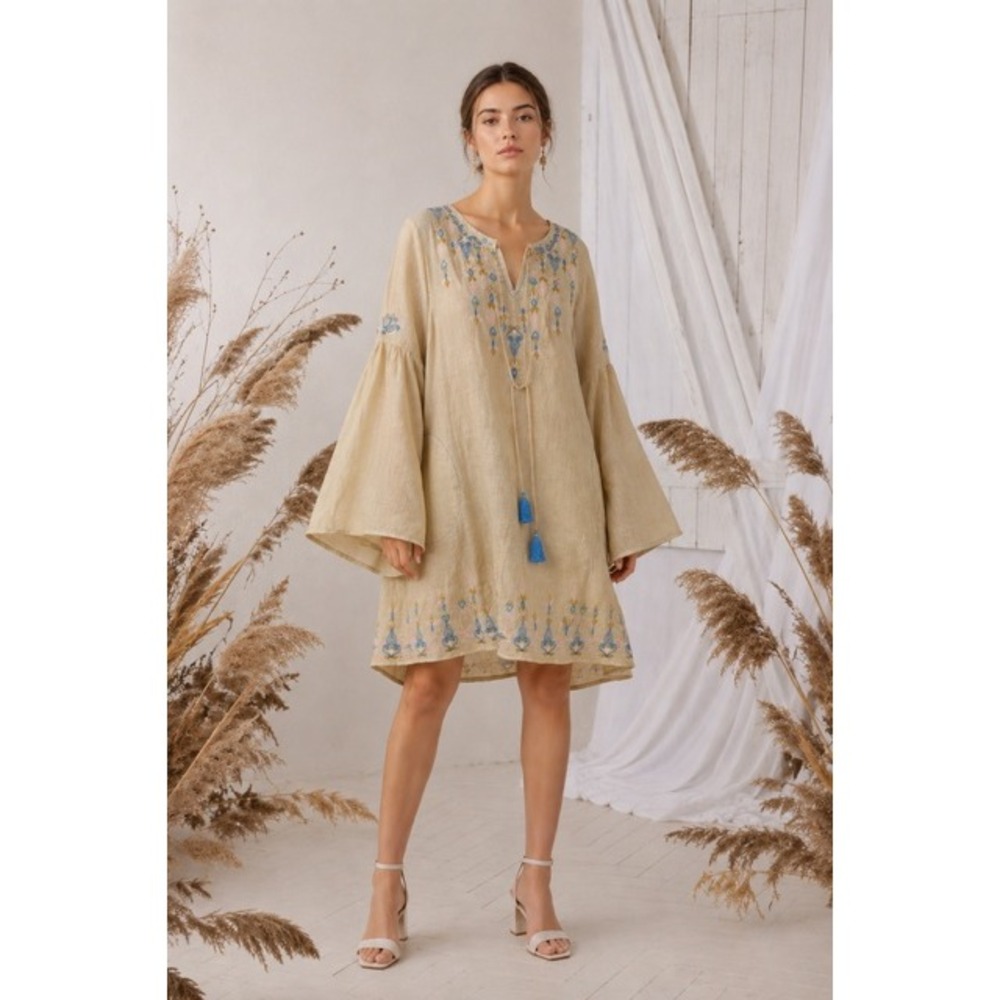 Svitlaya Embroidered Linen Tunic Dress Tan Blue Tassel Bell Sleeve L - Picture 1 of 11
